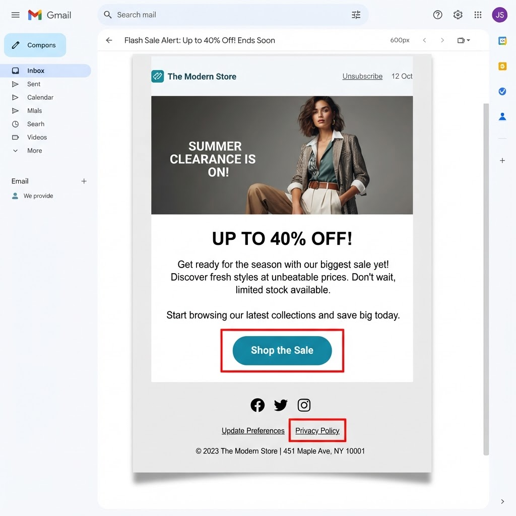 Captured marketing email with the failing call-to-action and footer link outlined in red